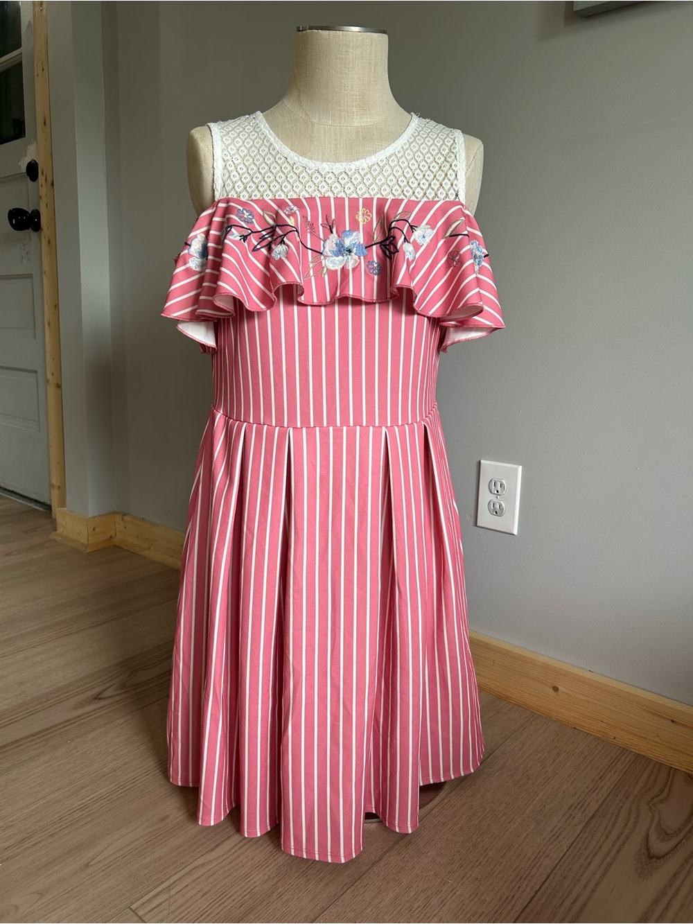 Knit works Pink & White Striped Ruffle Dress with Lace Yoke